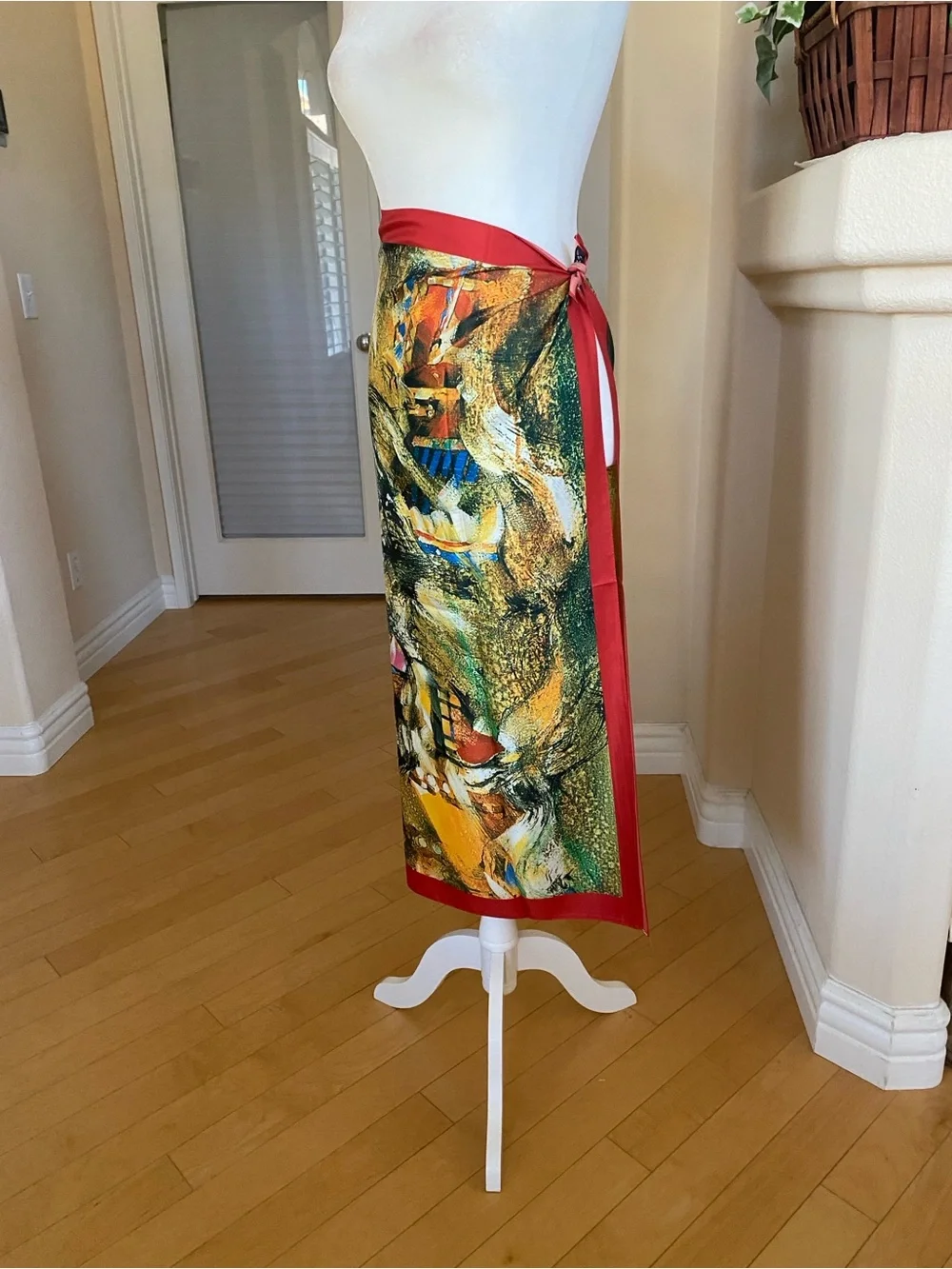 Silk Scarf Wrap Dress Top Abstract Multicolor with Red Trim